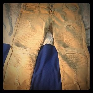 Size 36 khaki tattered skinny biker pants.